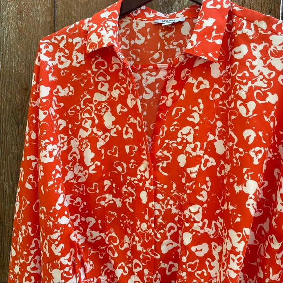NINE WEST Women’s Orange White Floral Print Blouse Shirt Front Tie Size Large - Picture 3 of 11